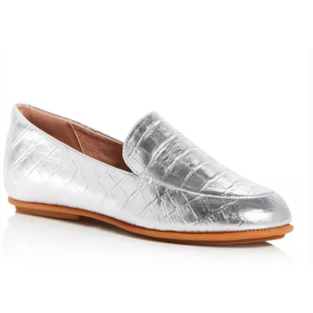 NWOT Fitflop Metallic Silver Croc-Embossed Slip-On Loafers.